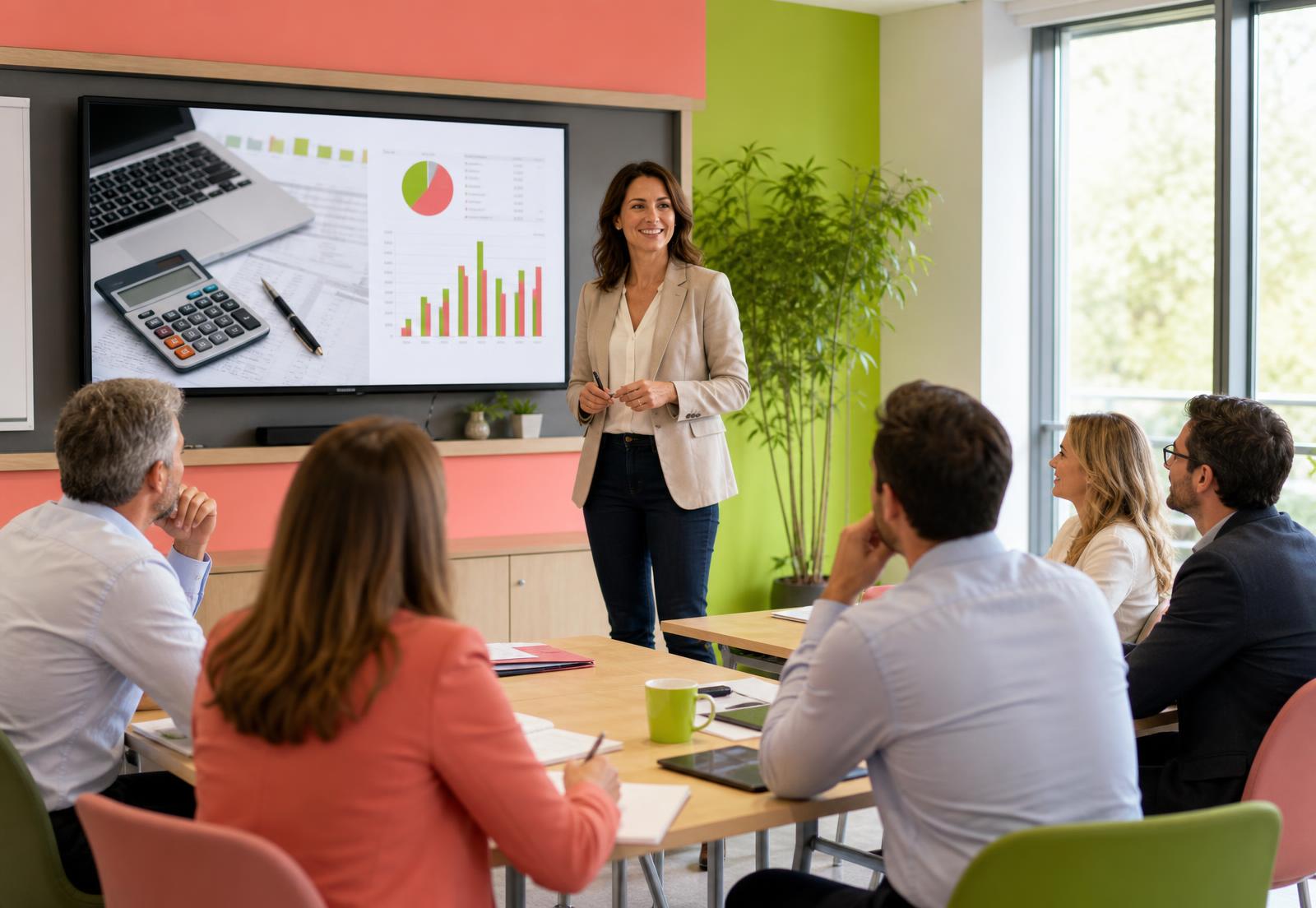 Session de formation animée par un formateur devant une équipe